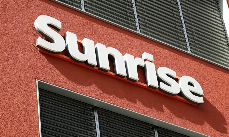 Swiss telecom company Sunrise’s logo is seen at an office