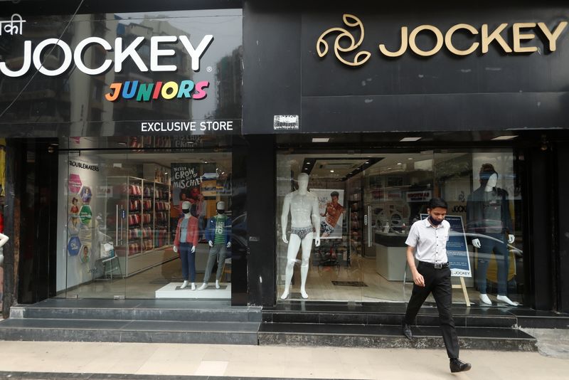 A man walks out of a Jockey outlet in Mumbai