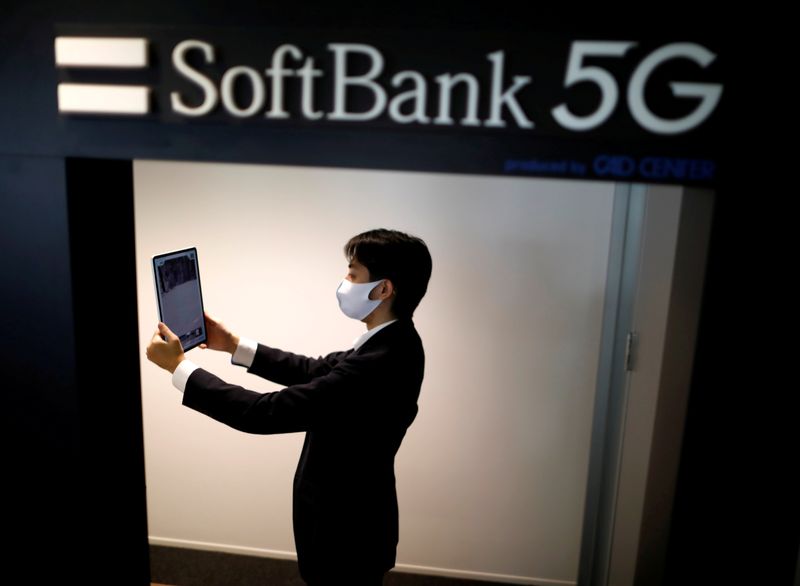 FILE PHOTO: The logo of SoftBank’s 5G service is displayed