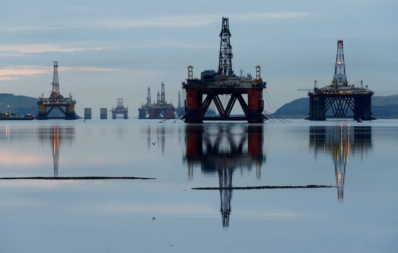 FILE PHOTO: Drilling rigs are parked up in the Cromarty