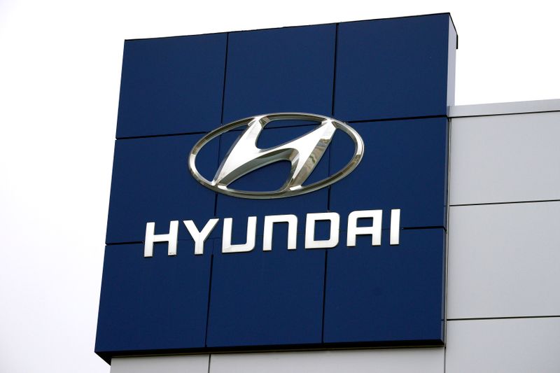 The Hyundai logo is seen outside a Hyundai car dealer