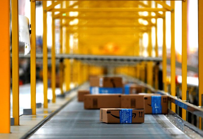 Amazon packages are seen at the new Amazon warehouse during