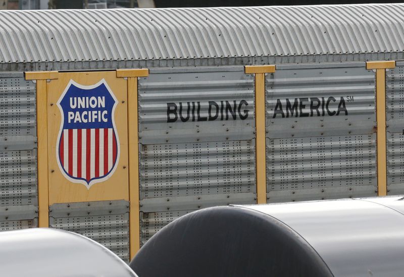 A Union Pacific rail car is parked at a Burlington