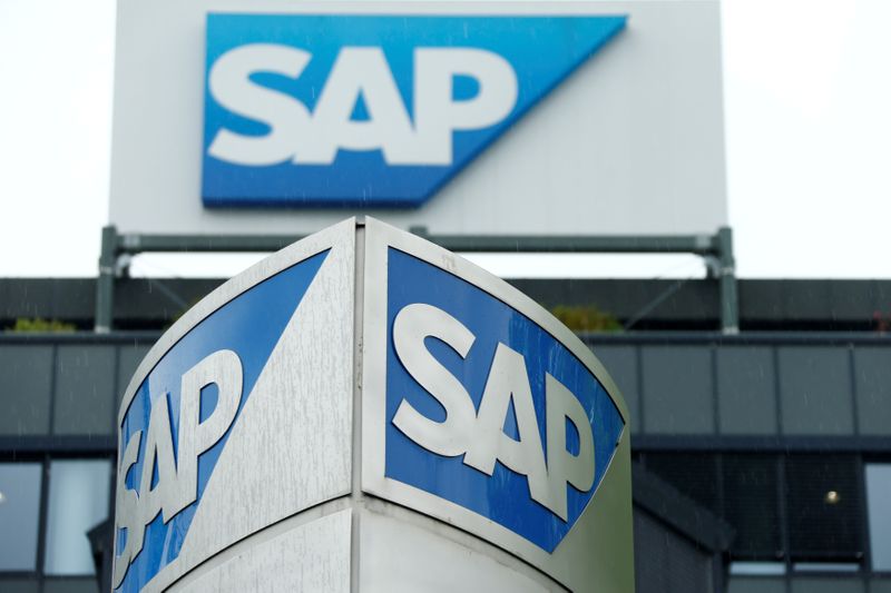 FILE PHOTO: The logo of German software group SAP is