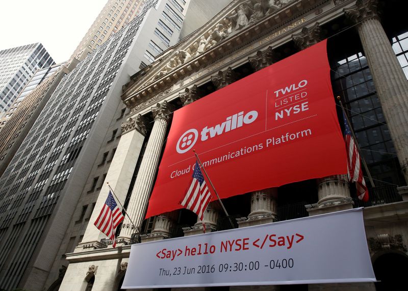 A banner for communications software provider Twilio Inc., hangs on