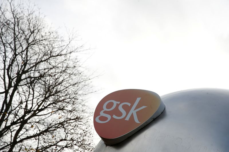 Company logo of pharmaceutical company GlaxoSmithKline is seen at their