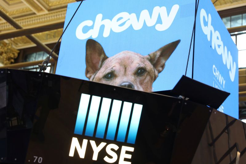 Logos for Chewy Inc. are displayed on the trading floor