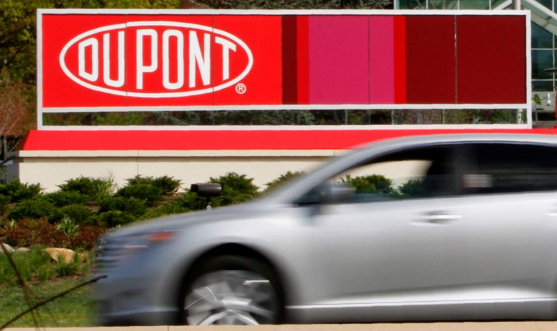 A view of the Dupont logo on a sign at