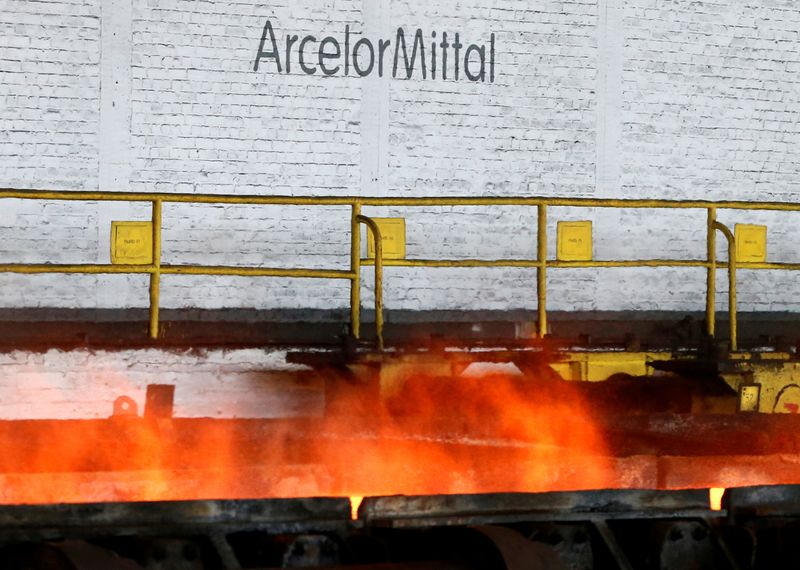 FILE PHOTO: The logo of ArcelorMittal is pictured in front