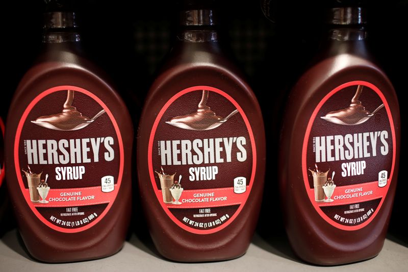 Containers of Hershey’s chocolate syrup are seen on display in