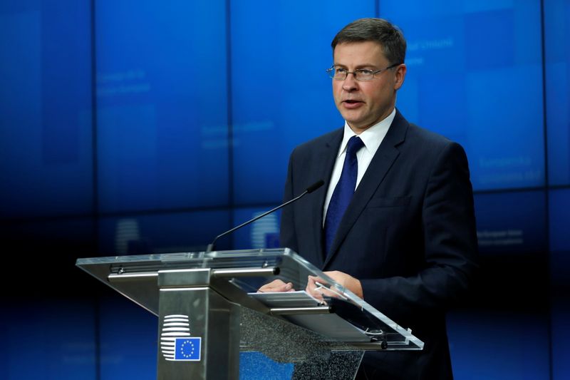 European Commission Vice-President Valdis Dombrovskis holds a news conference in