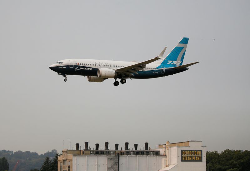 A Boeing 737 MAX aircraft lands during an evaluation flight