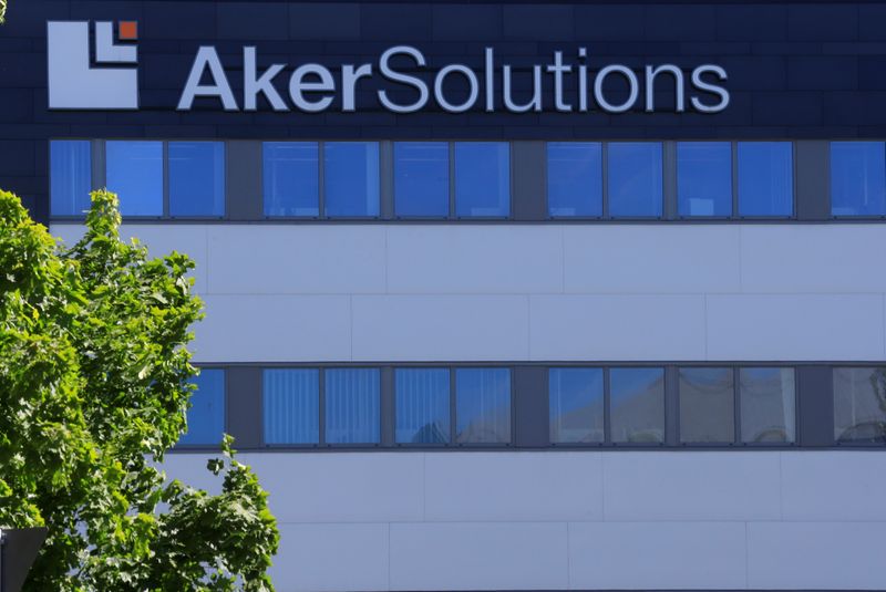 Aker Solutions oil service company’s logo is seen at their