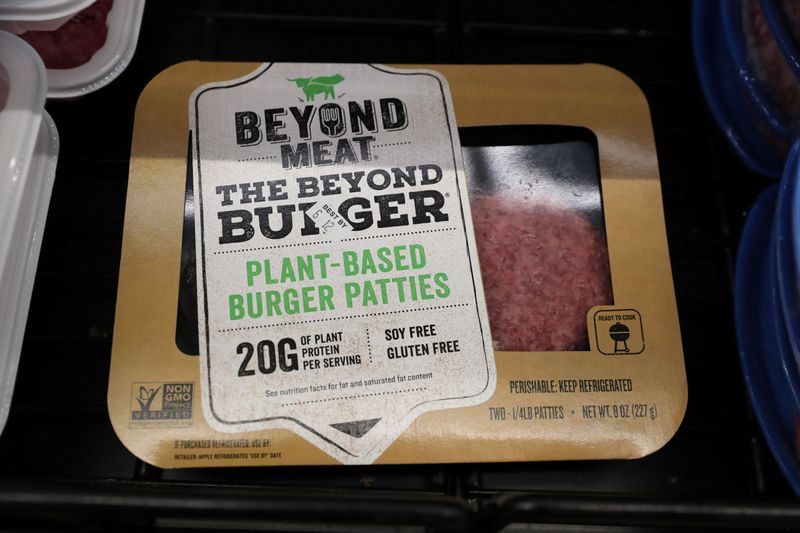 A Beyond Meat Burger is seen on display at a