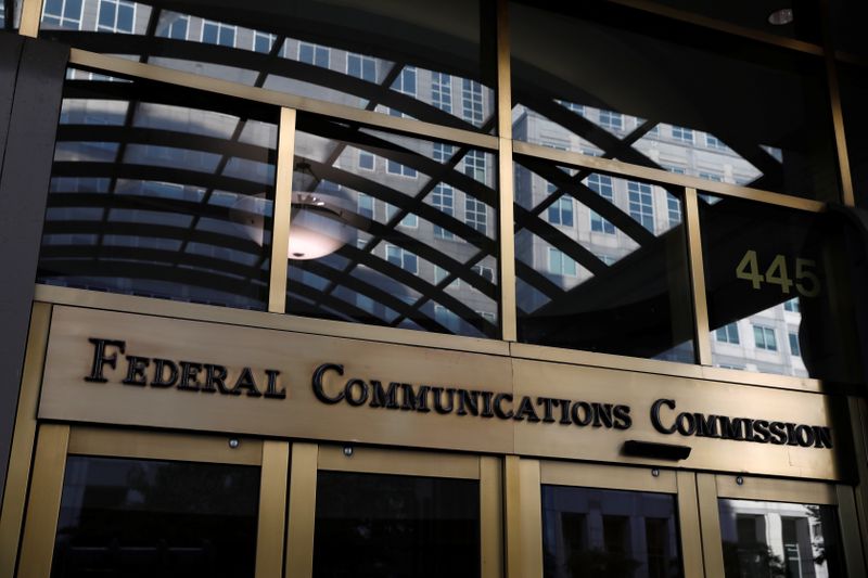 Signage is seen at the headquarters of the Federal Communications