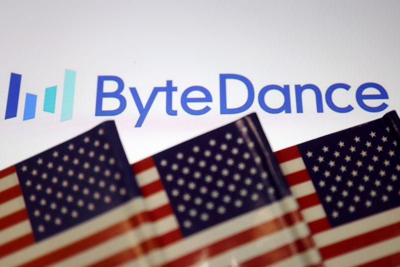 Illustration picture of Bytedance logo with U.S. flags
