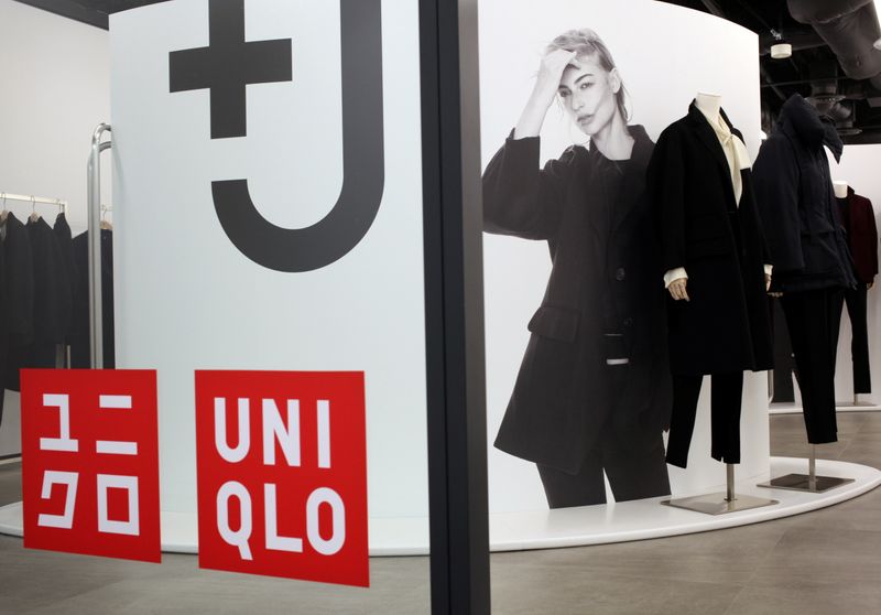 Clothes of collaborative label +J are displayed at Uniqlo’s press