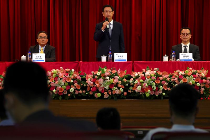 Foxconn Chairman Liu Young-way speaks at an investor conference inside