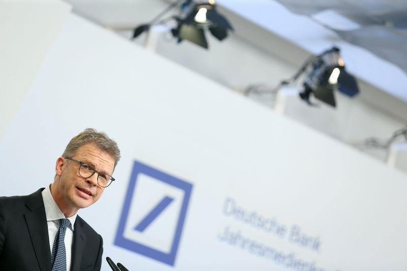 Christian Sewing, CEO of Deutsche Bank AG, addresses the media