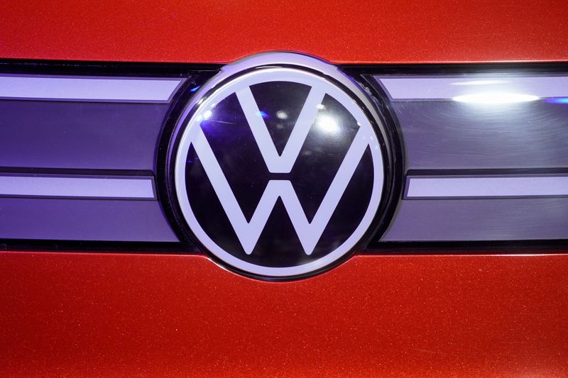 A Volkswagen logo is seen at a construction completion event