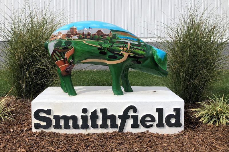 A sculpture adorns Smithfield Foods’ hog slaughterhouse in Smithfield