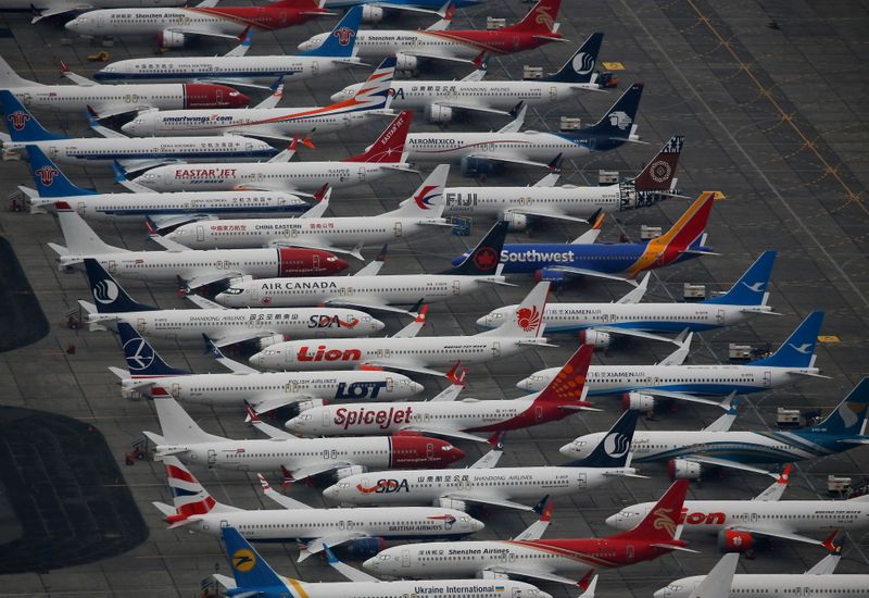 Dozens of grounded Boeing 737 MAX aircraft are seen parked