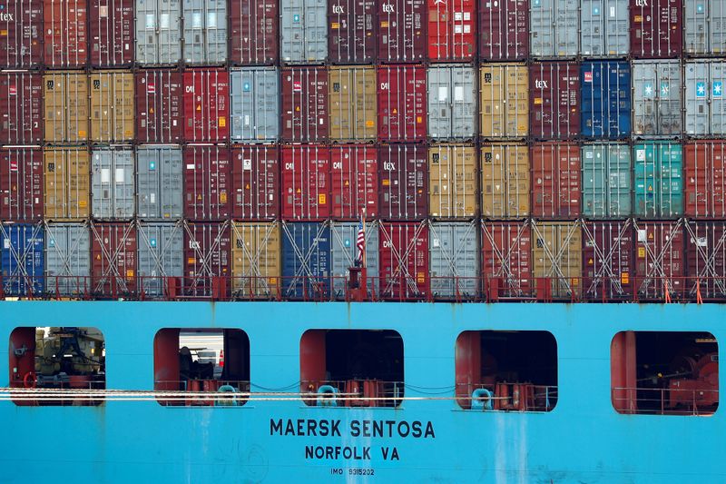 FILE PHOTO: Containers are seen stacked up on a Maersk