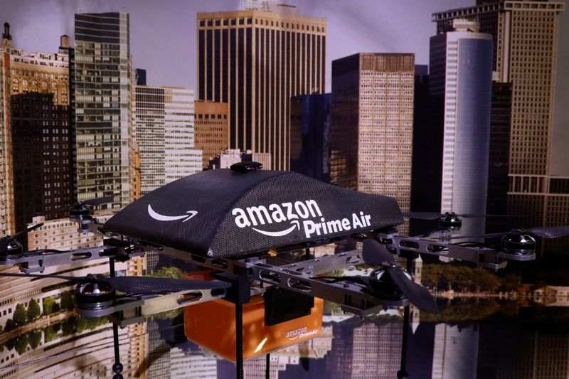 An Amazon Prime Air Flying Drone is displayed during the