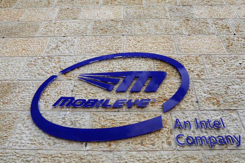 The logo of Israeli technology firm Mobileye is seen on
