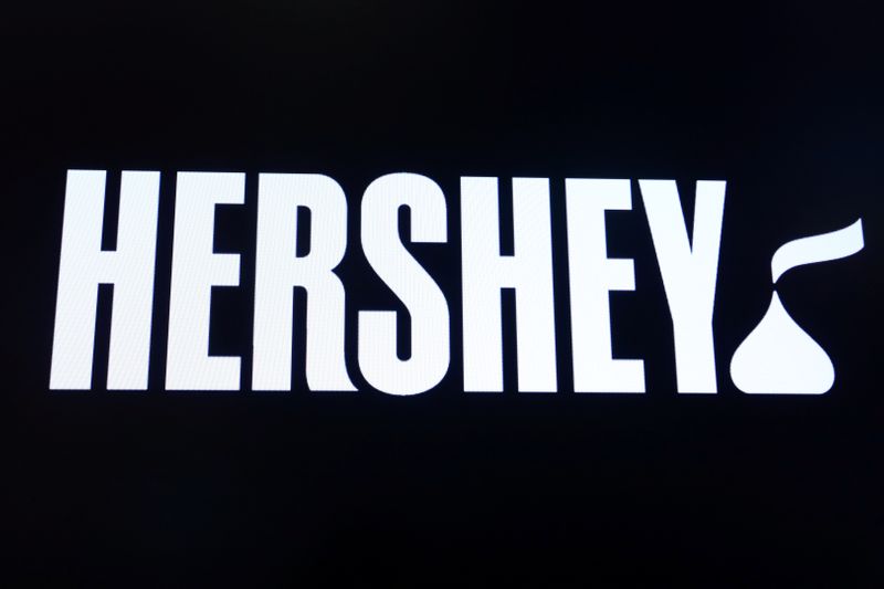 FILE PHOTO: The company logo for Hershey Co. is displayed