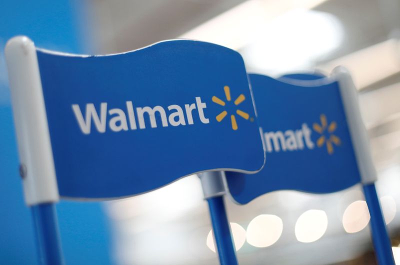 Walmart signs are displayed inside a Walmart store in Mexico