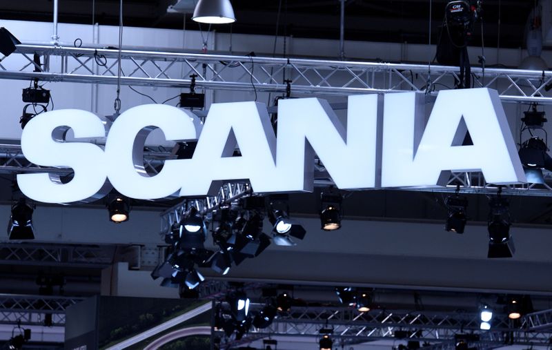 FILE PHOTO: The logo of Swedish truck maker Scania is