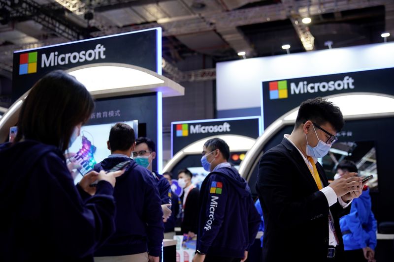 FILE PHOTO: Microsoft signs are seen at the third China