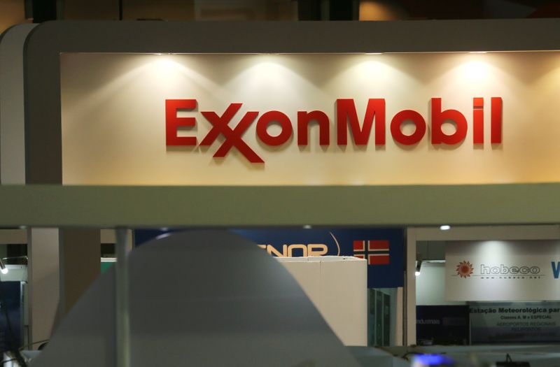 Logo of the Exxon Mobil Corp is seen at the