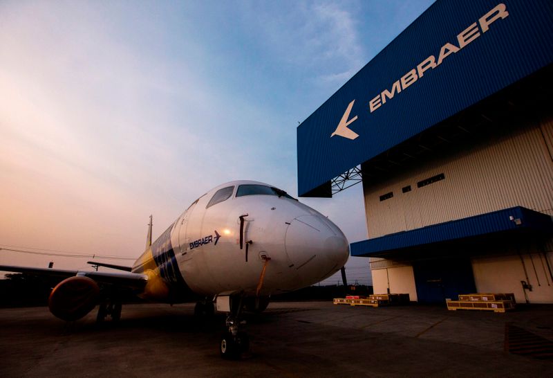 FILE PHOTO: An Embraer E-175 jet sits outside the factory