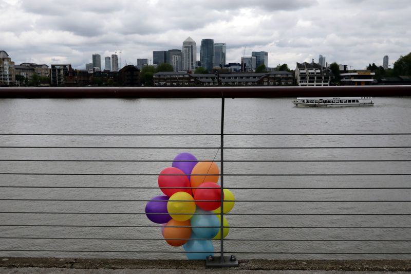 FILE PHOTO: Balloons are tied to railings facing the financial