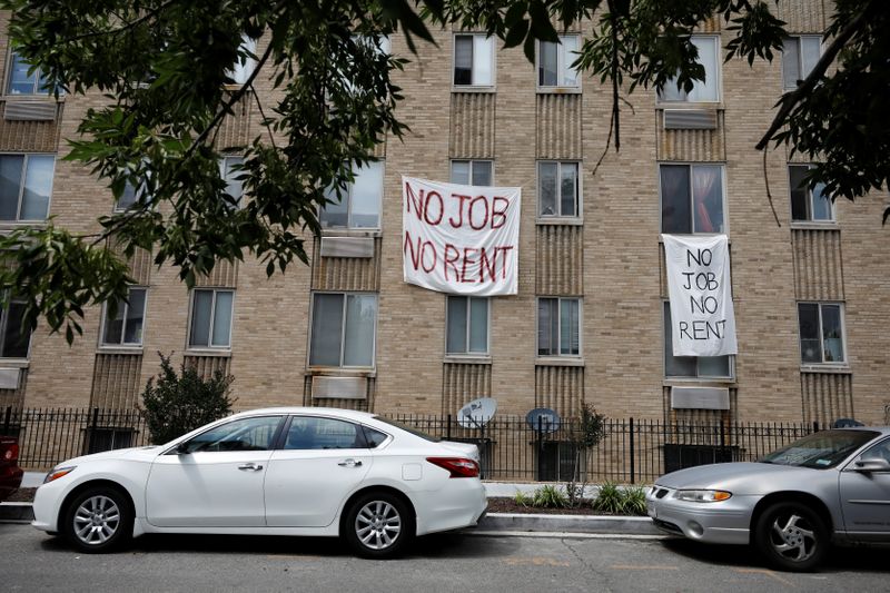 Banner are seen outside an apartment building in Washington