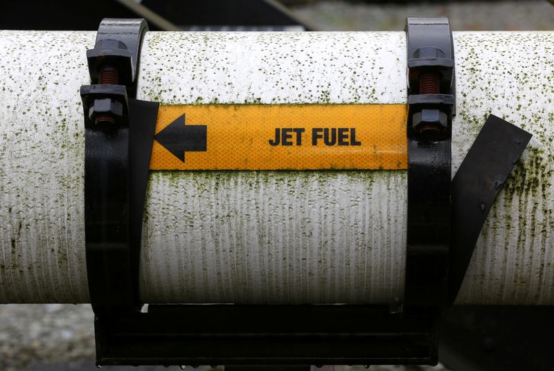 FILE PHOTO:  A pipe transporting jet fuel offloaded from
