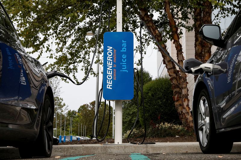 An electric car charging station is seen at the Regeneron