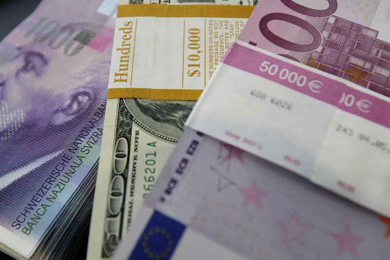 FILE PHOTO: Stacks of Swiss franc Euro and U.S. dollar