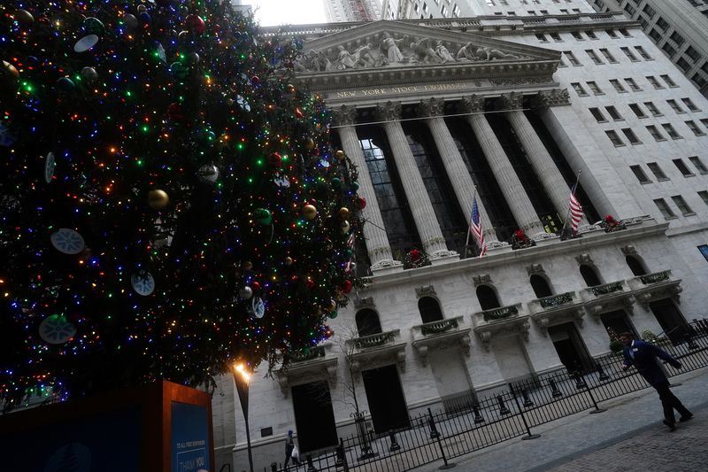 A Christmas tree is pictured outside the New York Stock