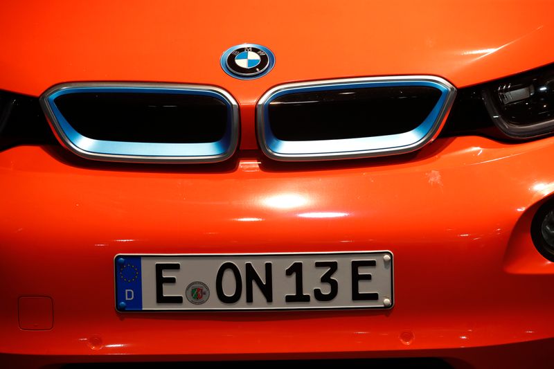 A BMW electric car is seen during the E.ON annual
