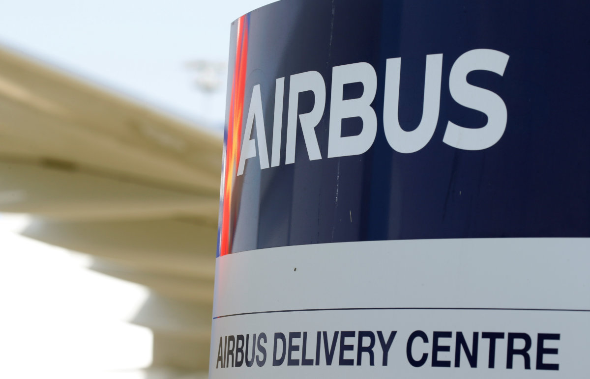 Logo of Airbus is pictured at the aircraft builder’s headquarters