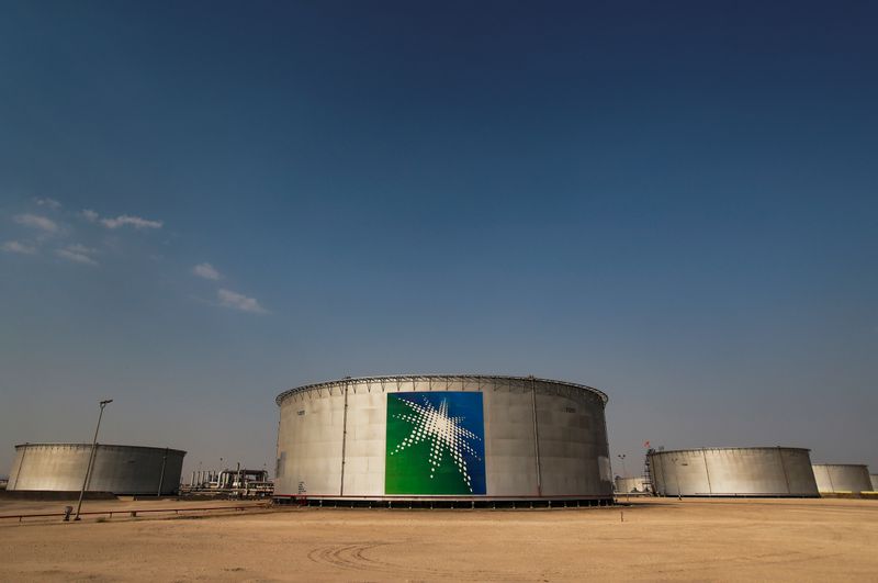 A view shows branded oil tanks at Saudi Aramco oil