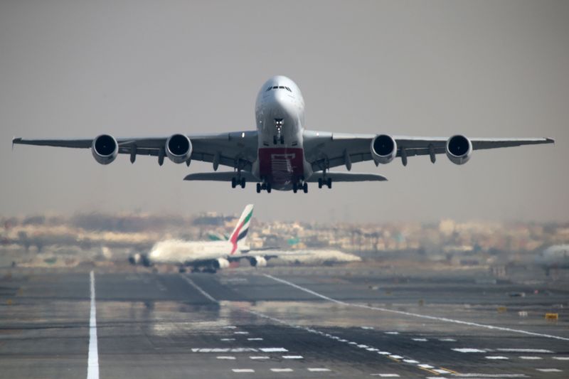 FILE PHOTO: An Emirates Airline Airbus A380 plane takes off