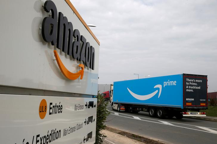 FILE PHOTO: A truck bearing the Amazon Prime logo arrives