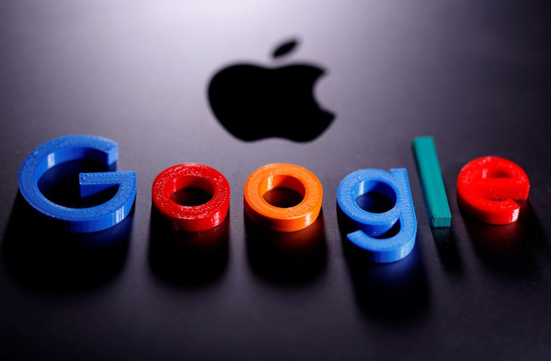 A 3D printed Google logo is placed on the Apple