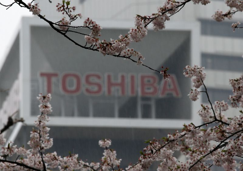 The logo of Toshiba Corp is seen behind cherry blossoms