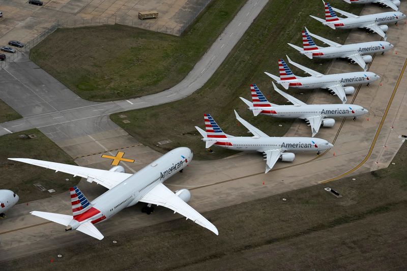 FILE PHOTO: American Airlines passenger planes crowd a runway where