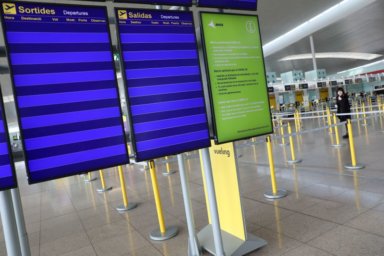 FILE PHOTO: Empty departures boards at Josep Tarradellas Barcelona-El Prat